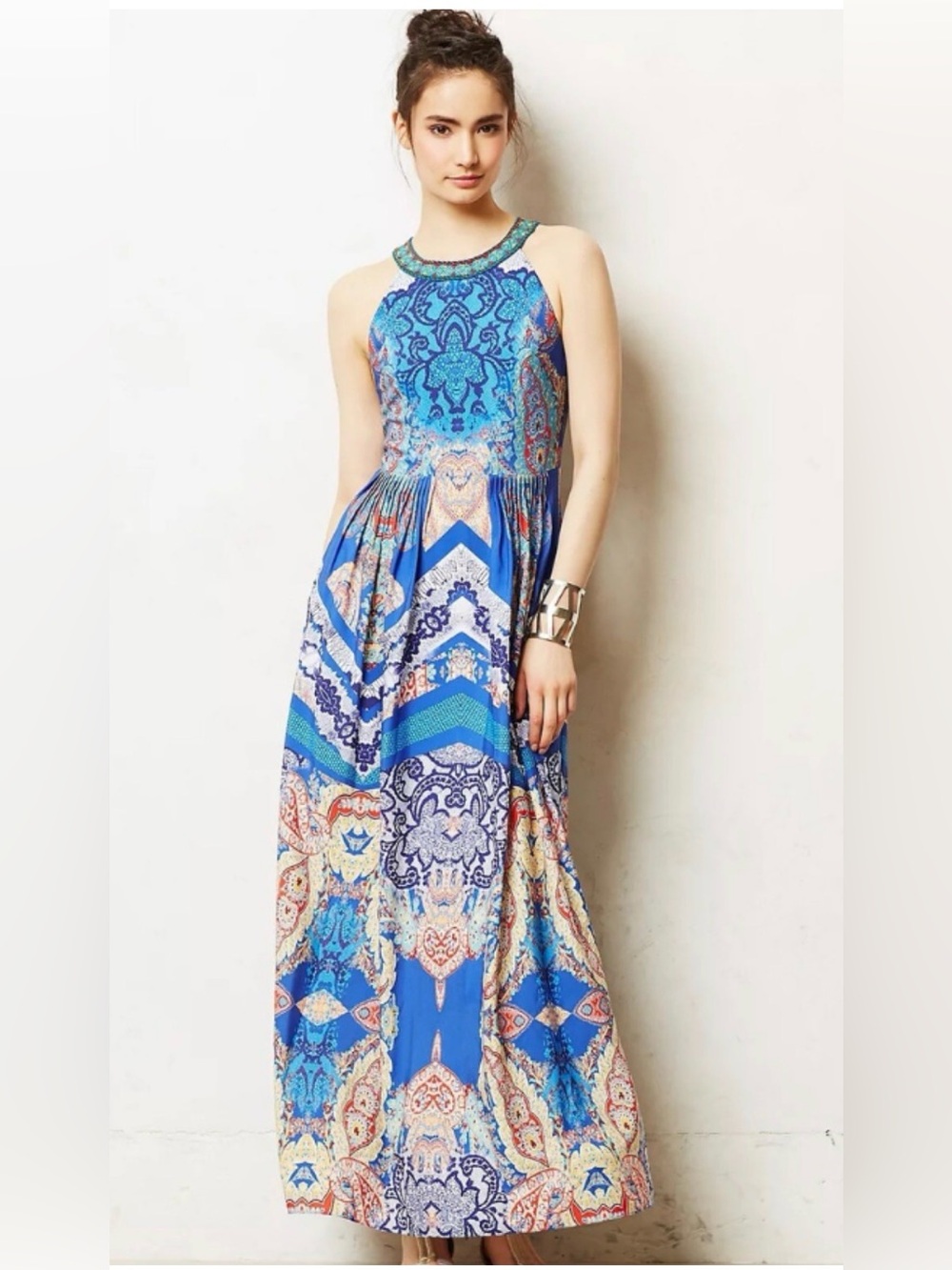 Anthropology/Ranna Gill Blue Printed Halter Maxi Dress
